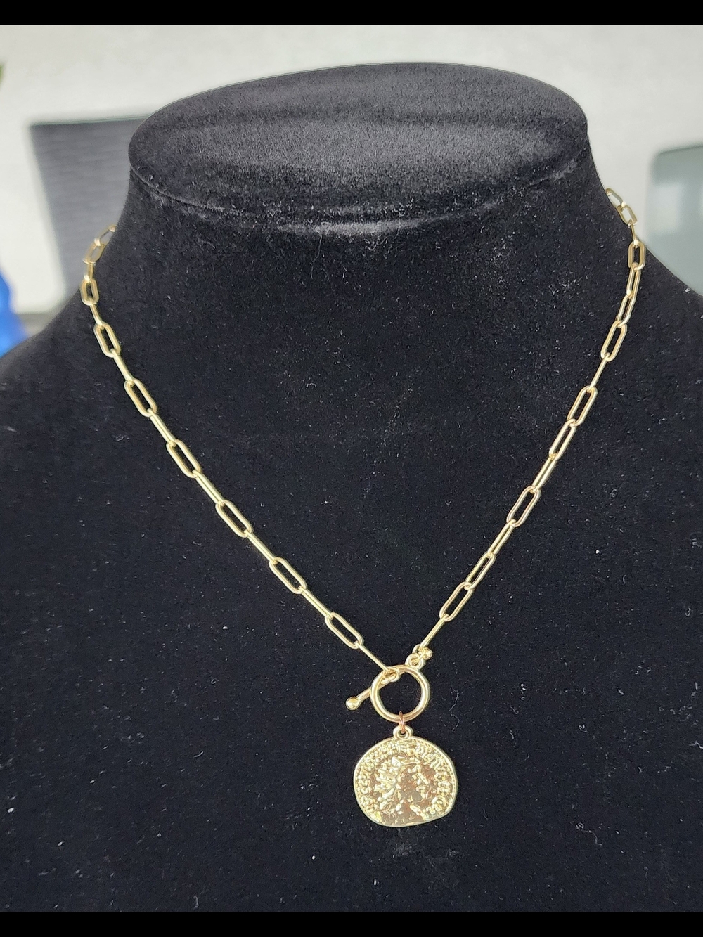 Gold Tone Chain Necklace with Round Textured Coin Pendant